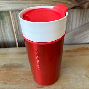 2015 Starbucks Red & White Double Wall Ceramic & Steel 12oz Travel Tumbler